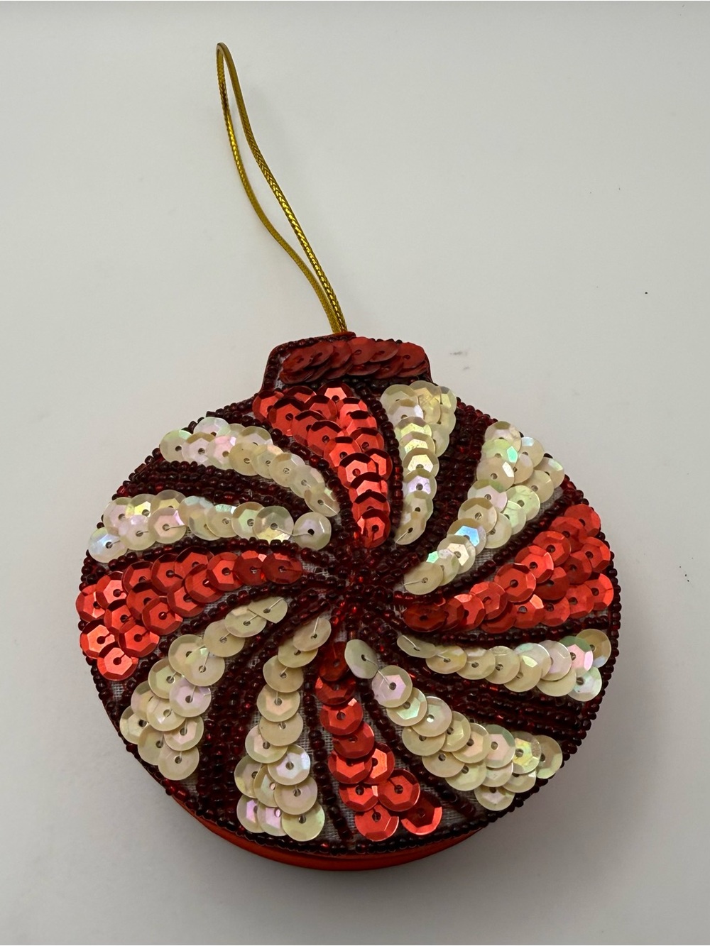 Red & White Sequin Fabric
Hanging Christmas Ornament, Round Peppermint Swirl